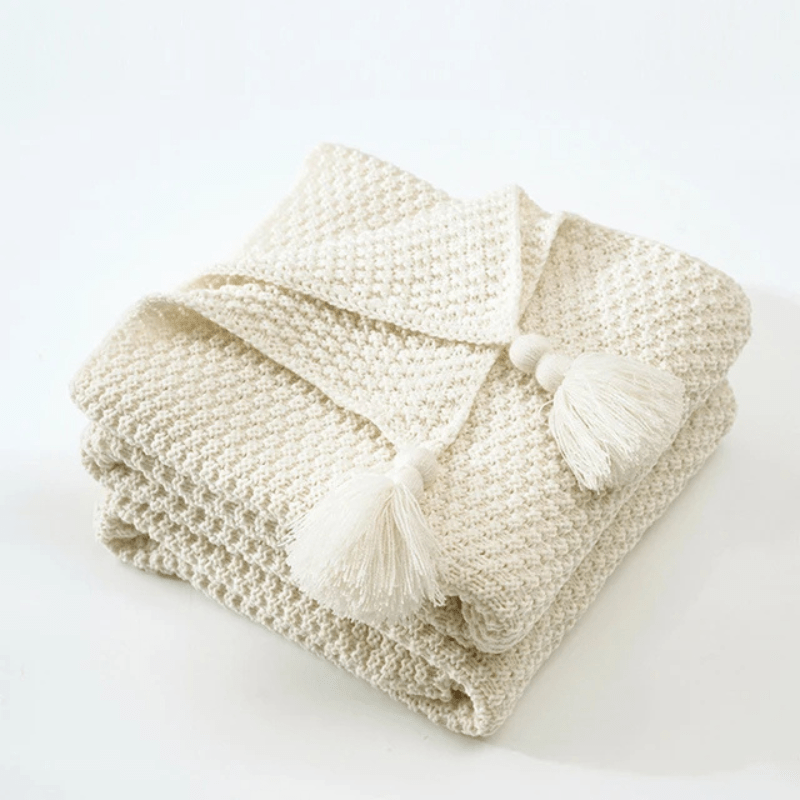 couverture cosy ponpon beige / 110x150cm / coton/polyester