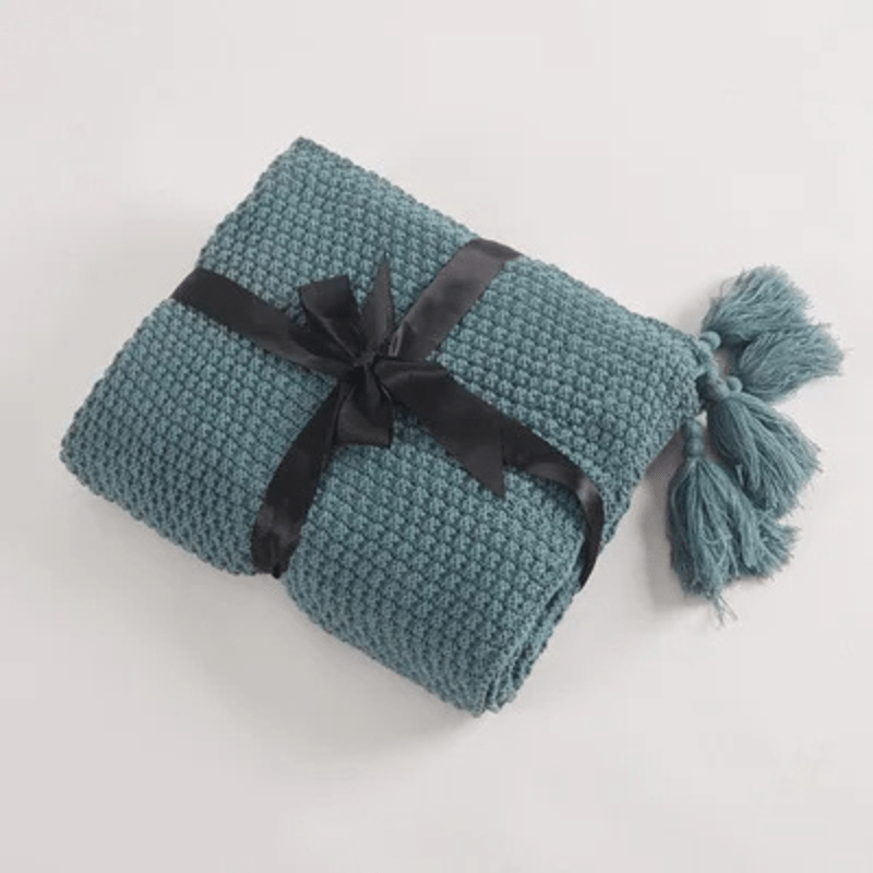 couverture cosy ponpon bleu / 110x150cm / coton/polyester