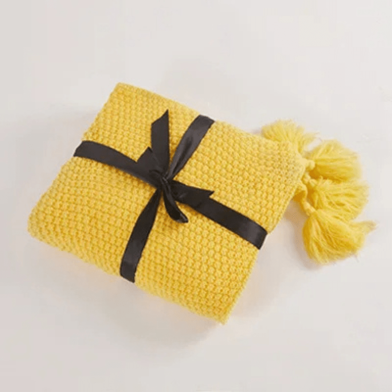 couverture cosy ponpon jaune / 110x150cm / coton/polyester