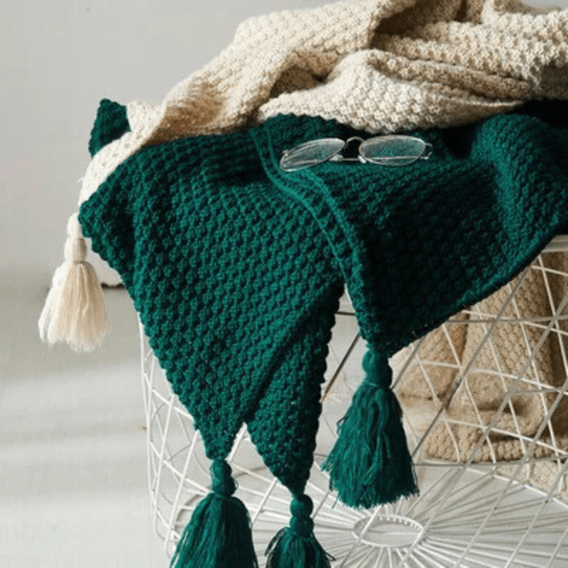 couverture cosy ponpon vert / 110x150cm / coton/polyester