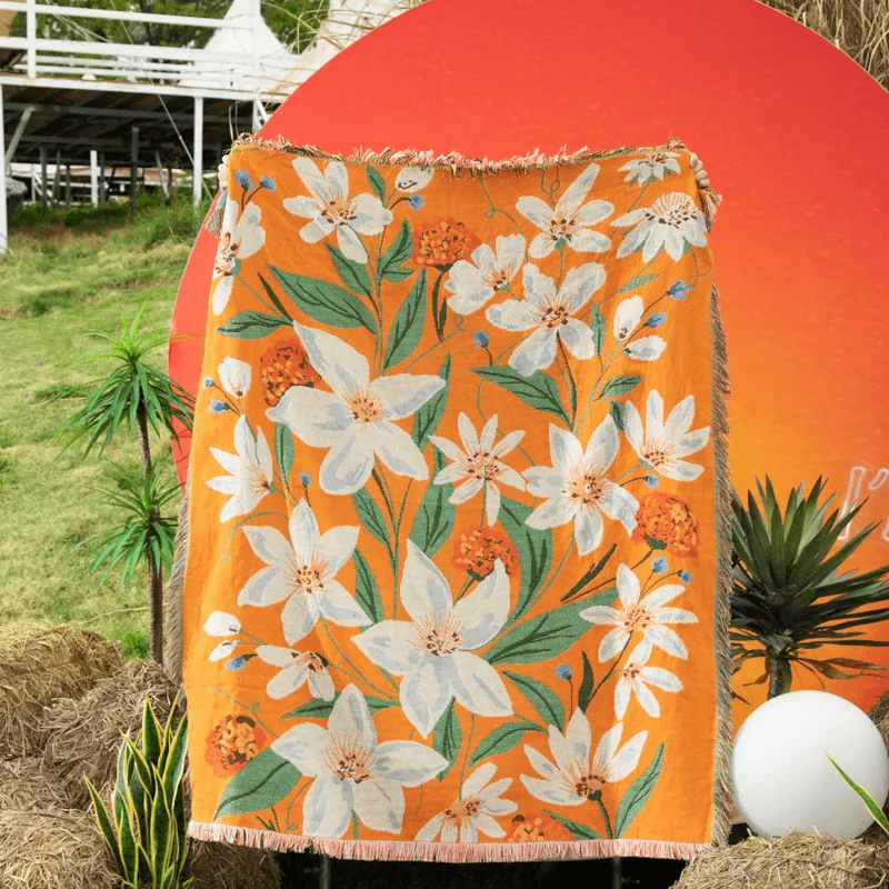 couverture style bohème floral orange floral / 130x160cm / Polyester/coton