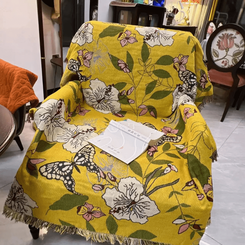 couverture style bohème floral papillon jaune / 130x160cm / Polyester/coton