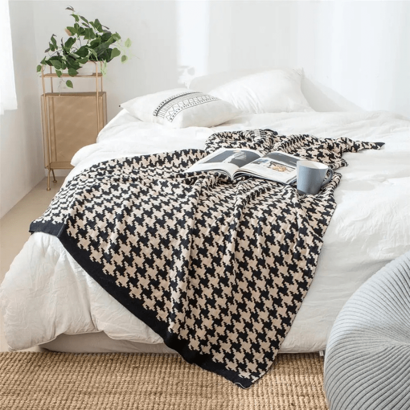 Couverture style pied de poule Beige & noir / 130X160cm / Coton