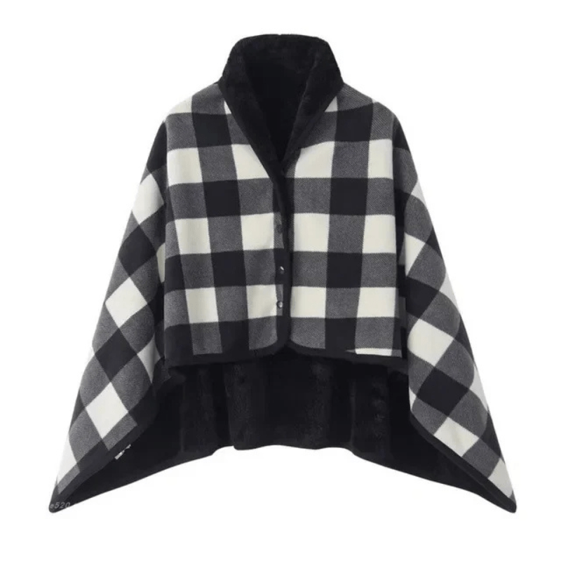 Poncho plaid style motif vichy noir / 80x130cm